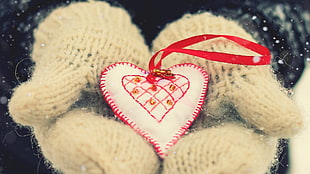white and red heart decor, heart, Valentine's Day, gloves, love HD wallpaper