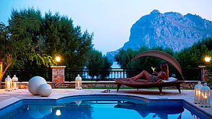 brown pool lounge chair, Greece, hotel, mountains, swimming pool