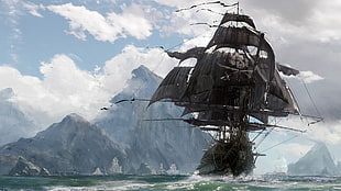 brown pirate ship illustration, video games, Skull & Bones, sea, mountains