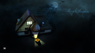 landscape illustration of house with Halloween text overlay