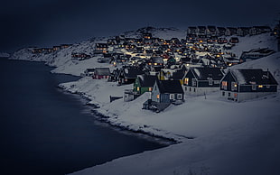 houses covered with snow near body of water