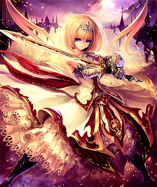 brown haired woman holding sword anime illustration