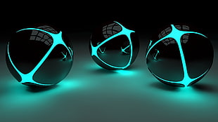 three round black-and-green neon lighted devices, 3D, glowing, ball, lights