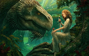 woman holding a sword near the monster dragon