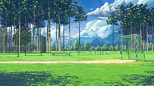 soccer field surrounded with trees digital wallpaper, clouds, Soccer Field, bench, green