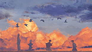 silhouette of flock of birds and three children's playing oil canvas painting HD wallpaper