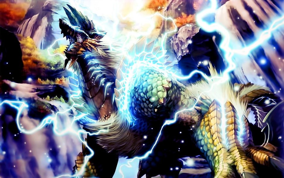 blue and white floral textile, Monster Hunter, Zinogre HD wallpaper