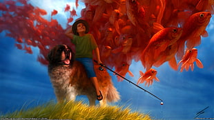 boy riding on dog illustration, nature, surreal, fish