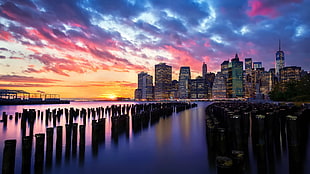 silhouette photo of cityscape, cityscape, sunset, building, sky HD wallpaper