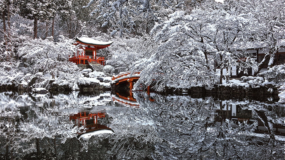 red temple, Japan, temple, snow, winter HD wallpaper