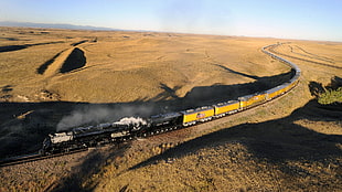 yellow and black train, railway, train station, train, desert HD wallpaper