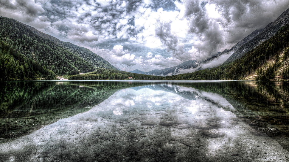 river and mountain scenery, calm, clouds, mist, forest HD wallpaper
