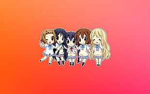illustration of five female anime characters, K-ON!, chibi, Tainaka Ritsu, Akiyama Mio