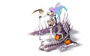 teal haired girl anime holding scythe beside skeleton digital wallpaper