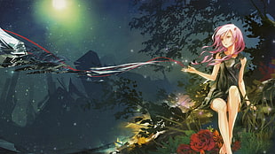 pink-haired anime girl character illustration, night, red eyes, rose, nature