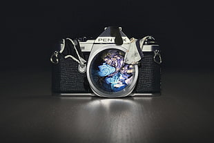 gray Pentax single lens reflex camera, digital art, camera, humor