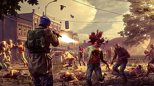 zombie apocalypse shooting game digital wallpaper