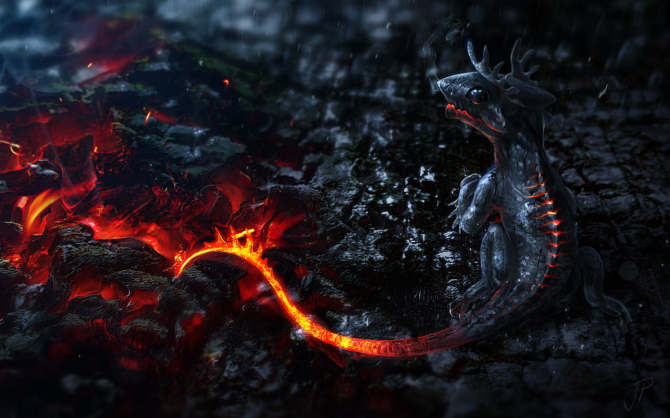 baby dragon near lava digital wallpaper HD wallpaper
