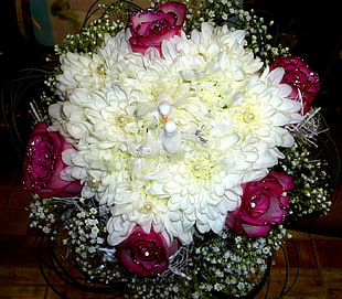 white Mums and red Rose flower arrangement