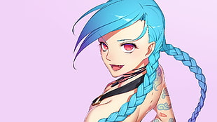 Jinx from League of Legends illustration, Jinx (League of Legends), simple background, League of Legends, blue hair