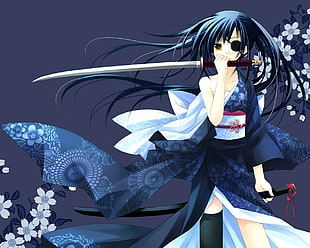 black haired woman anime character holding katana digital wallpaper