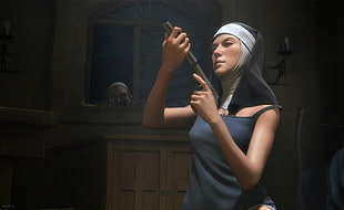 nun holding rifle digital wallpaper, nuns, artwork, weapon