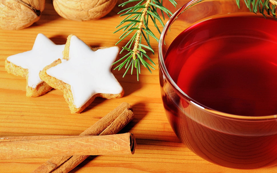 two white star decors, Christmas, New Year, cookies, drink HD wallpaper