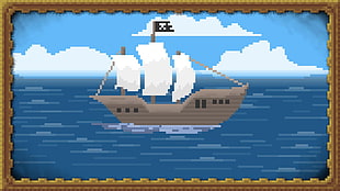 sailboat illustration with brown wooden frame, ship, sea, pixels, pixel art