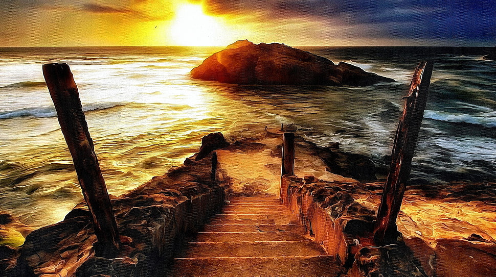 body of water, artwork, nature, sea, sunset HD wallpaper