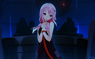 female animated character with pink hair and black dress