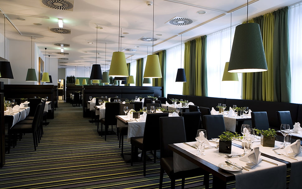 white cafe tables and with black chairs set HD wallpaper