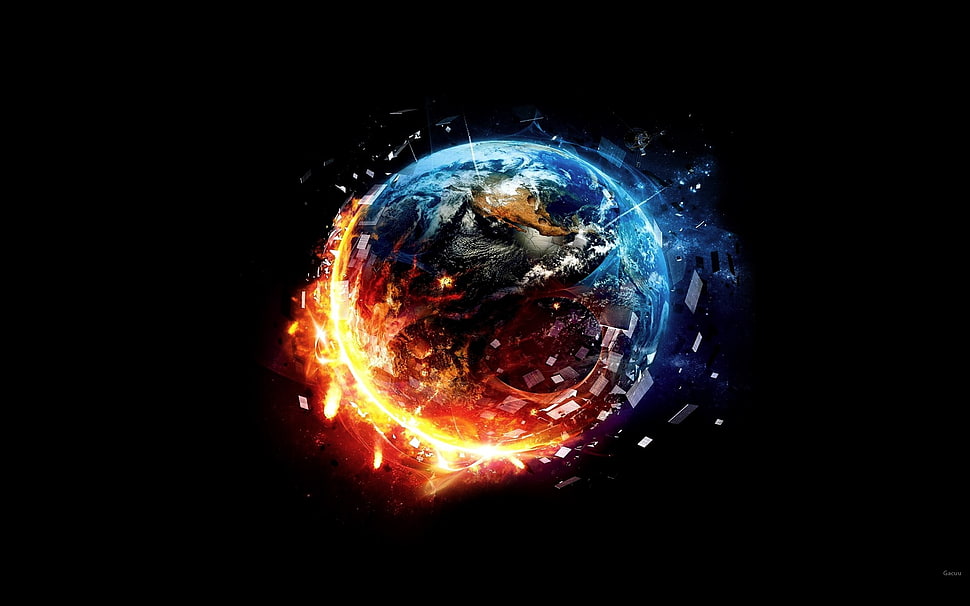 red and blue fire surrounding Earth digital wallpaper, Earth, space art, space, planet HD wallpaper