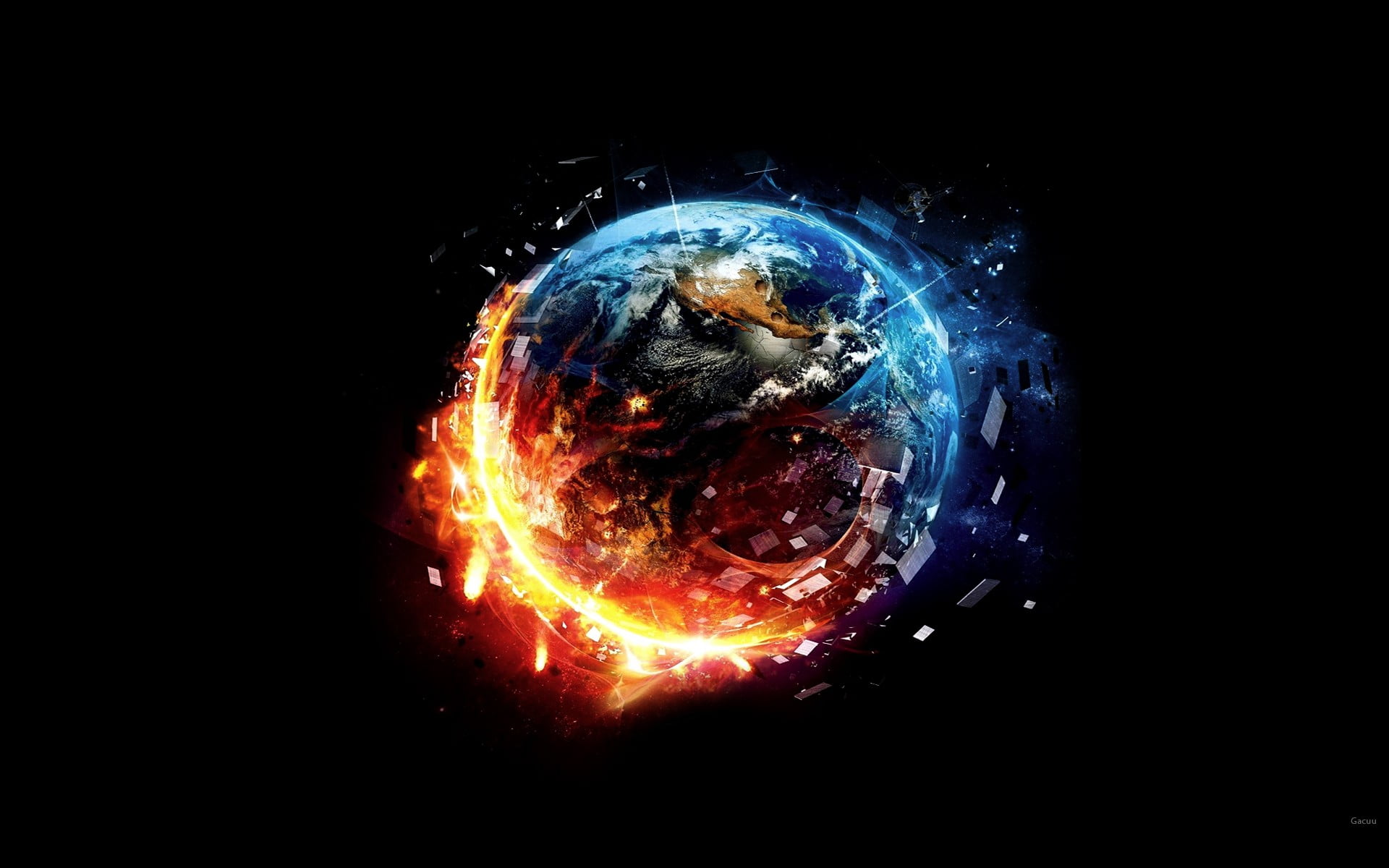 red and blue fire surrounding Earth digital wallpaper, Earth, space art, space, planet