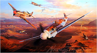 planes at the sky over mountains illustration, Messerschmitt, Messerschmitt Bf-109, World War II, Germany HD wallpaper