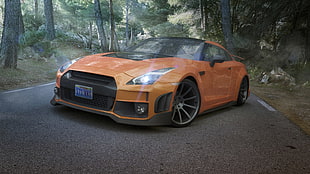 orange coupe, car, Nissan, Nissan GTR, render