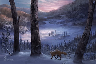 fox walking on snow digital painting, winter, fox