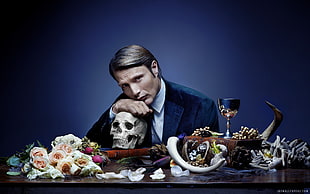 men's blue notched lapel blazer, Hannibal, TV, Mads Mikkelsen HD wallpaper