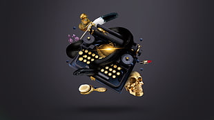 black typewriter beside of skull illustration HD wallpaper