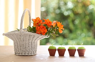 orange flowers on white woven basket