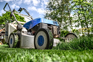 shallow focus photography of blue and gray push lawn mower