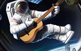 brown classical guitar, comic art, astronaut, guitar