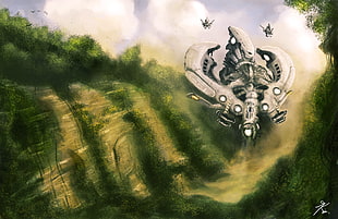 gray spaceship surround with trees painting, science fiction, artwork