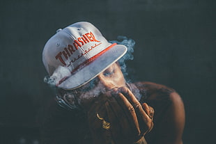 men's white and orange Thrasher cap, smoke, Thrasher, rings, gold HD wallpaper