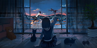 girl holding airplane toy anime illustration