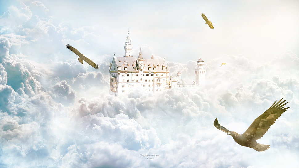 three brown birds flying near white castle on clouds HD wallpaper