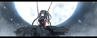 black and white corded device, original characters, red eyes, sword, black hair