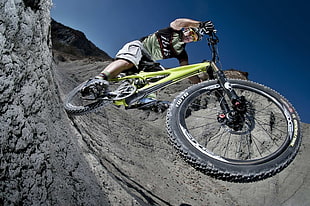 green full-suspension bicycle, mountain bikes, mountains, rocks, sport 