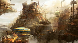 PC game digital wallpaper, steampunk, airships, clouds, digital art HD wallpaper