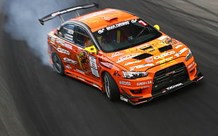orange Chevrolet coupe, car, Mitsubishi, drift, racing