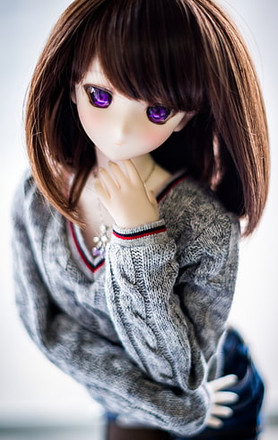 female doll wearing grey v-neck sweater HD wallpaper